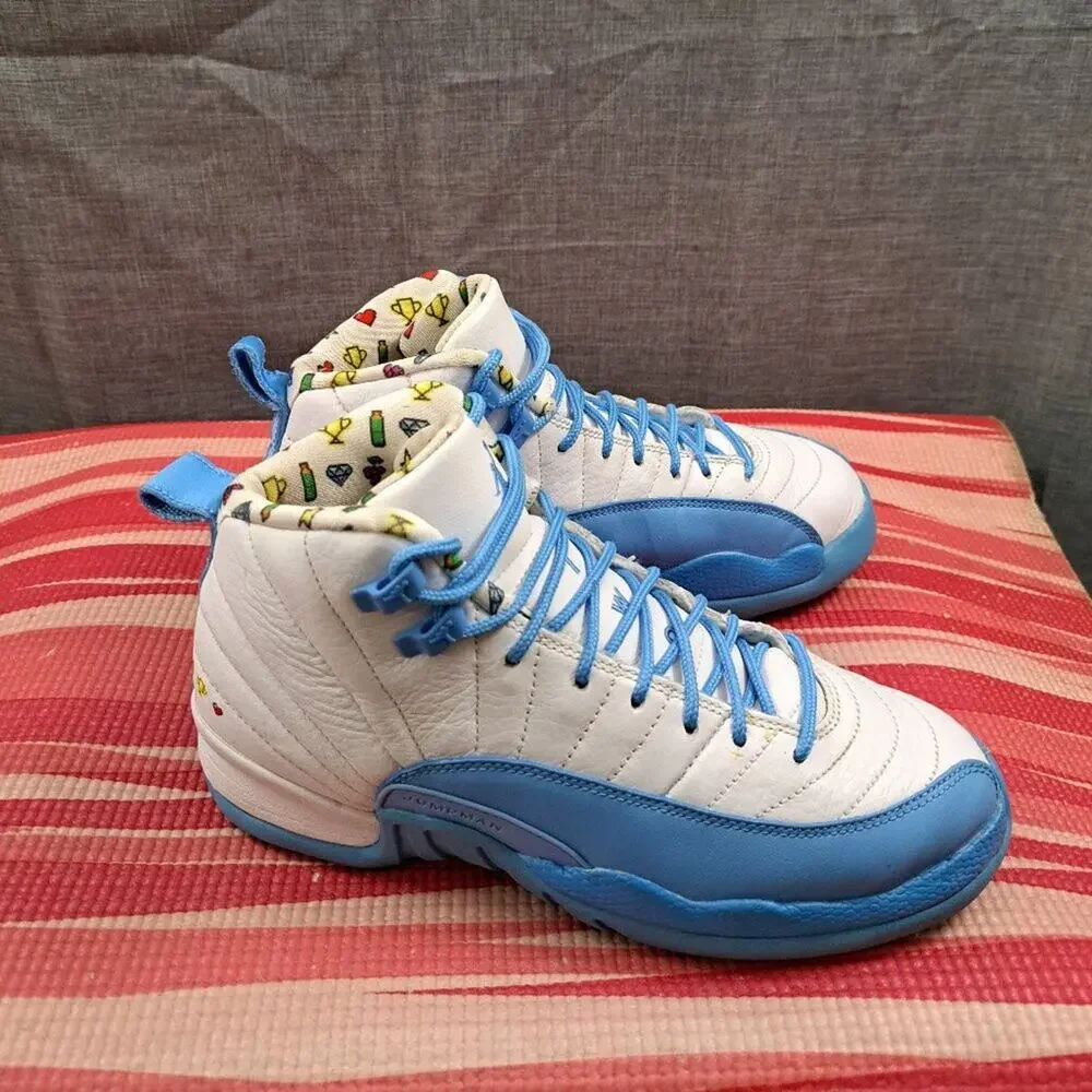 %Nike 5Y/W6.5 Air Jordan 12 University Blue UNC Emoji GS Sneakers / AJ10